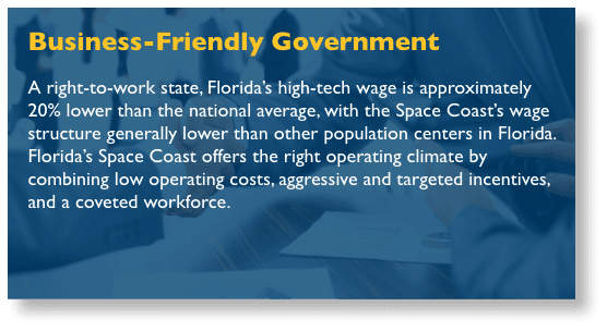 Back of fliping box that reads - A right-to-work state, Florida’s high-tech wage is approximately 20% lower than the national average, with the Space Coast’s wage structure generally lower than other population centers in Florida. Florida’s Space Coast offers the right operating climate by combining low operating costs, aggressive and targeted incentives, and a coveted workforce.