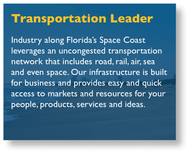 Back of fliping box that reads - Transportation Leader - Industry along Florida’s Space Coast leverages an uncongested transportation network that includes road, rail, air, sea and even space. Our infrastructure is built for business and provides easy and quick access to markets and resources for your people, products, services and ideas.